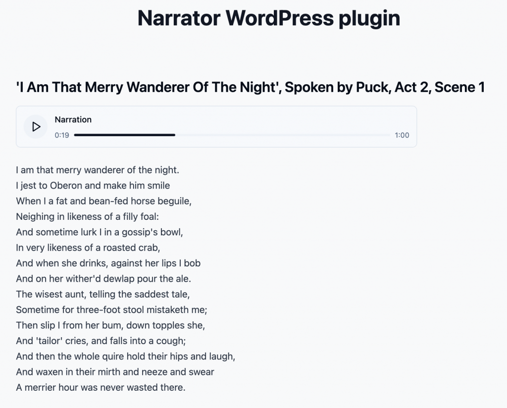 An early prototype reading lines by Puck, Act 2, Scene 1 of A Midsummer Night’s Dream
