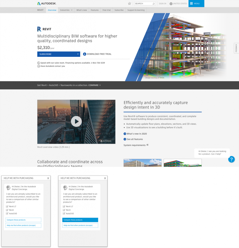 A Revit product page with a digital concierge popup detecting a signed-in customer's subscription to recommend product comparisons
