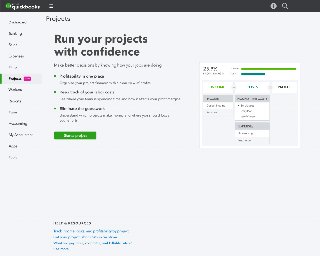 The QuickBooks Projects first time use screen, headed Run your projects with confidence, listing profitability in one place, keeping track of labor costs, and eliminating the guesswork, with a Start a project button beside a preview showing a 25.9 percent profit margin across income, costs and profit columns.