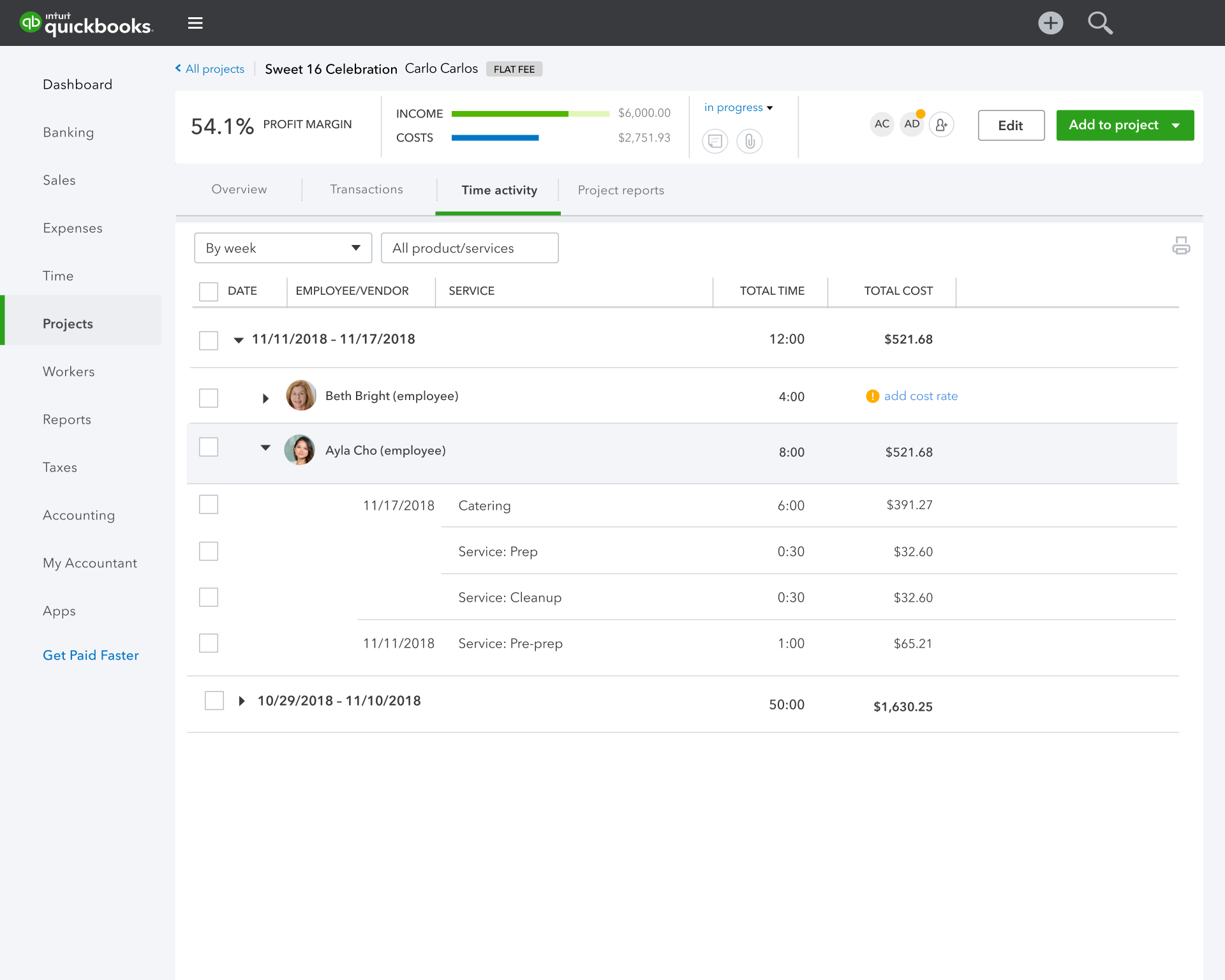 The time activity tab of a QuickBooks project grouped by employee. One employee's four logged hours carry an orange add cost rate warning because no rate is set, while another employee's eight hours are costed at 521.68 across catering, prep, cleanup and pre-prep services.