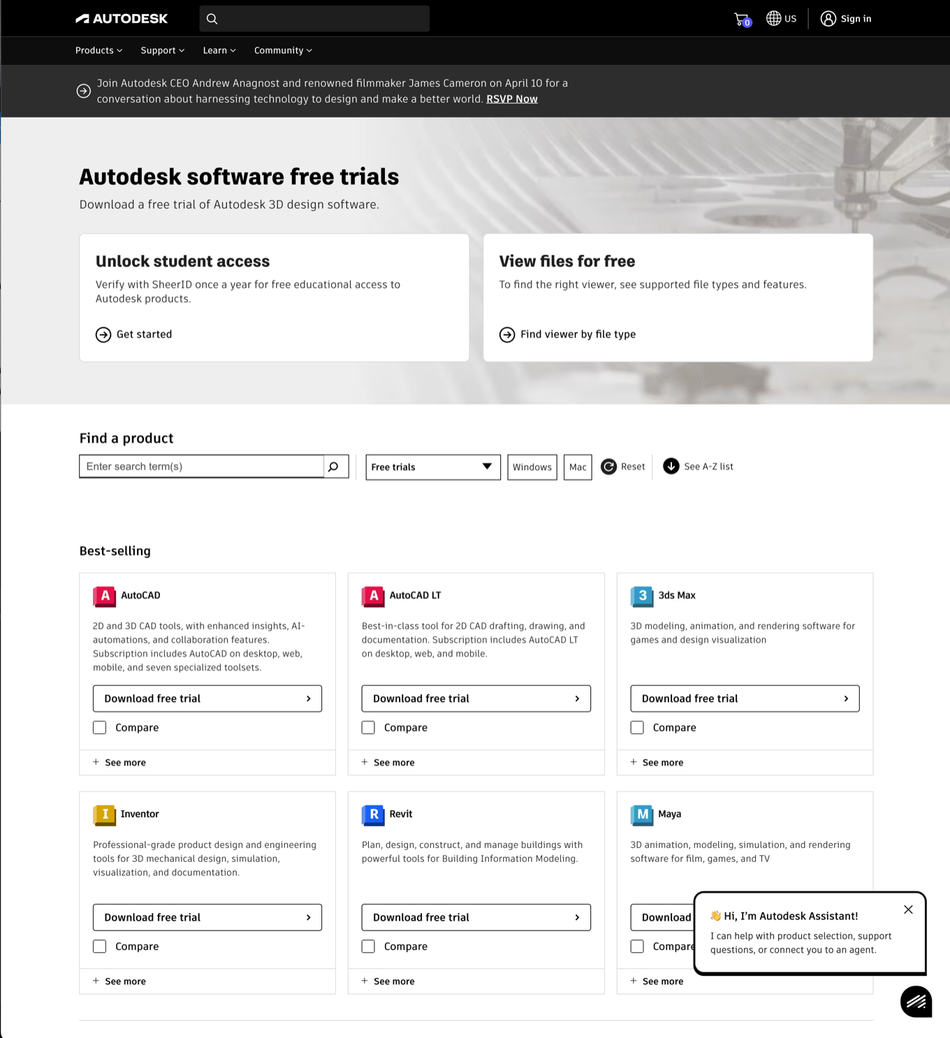 The free trials page redesign surfacing Educational Access and Free Viewers cards