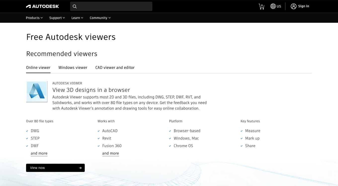 The Autodesk Viewers page for reading over 80 file types in the browser