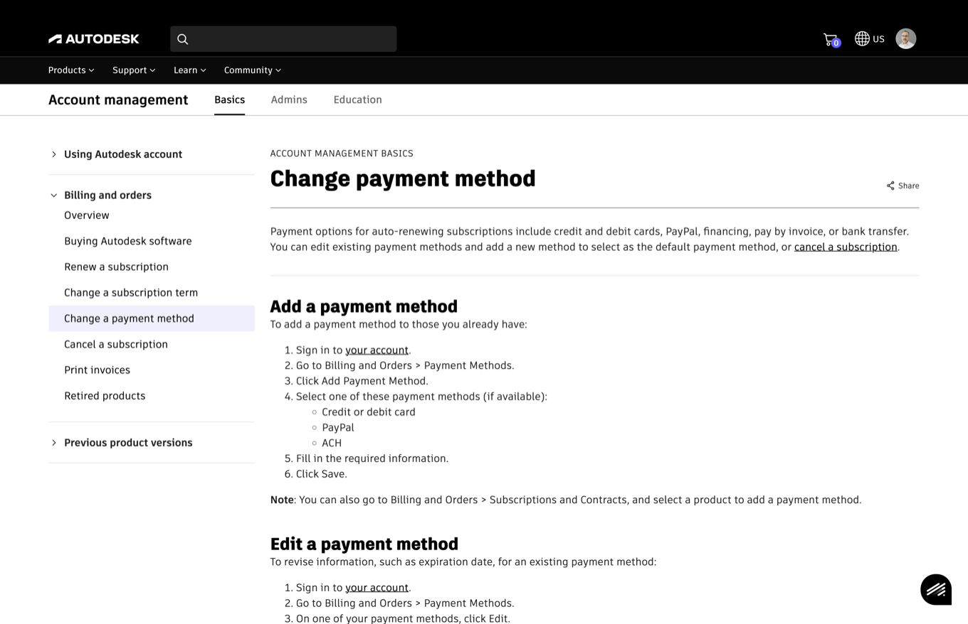 The self-service Payment methods management screen