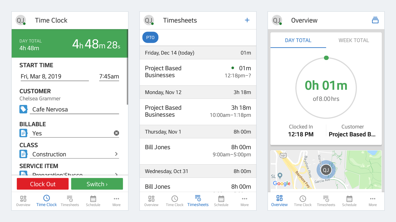 QuickBooks mobile time tracking on a phone: a running time clock tagged to a customer, class and service item, a week of timesheets, and a daily total with a map showing where the clock-in happened