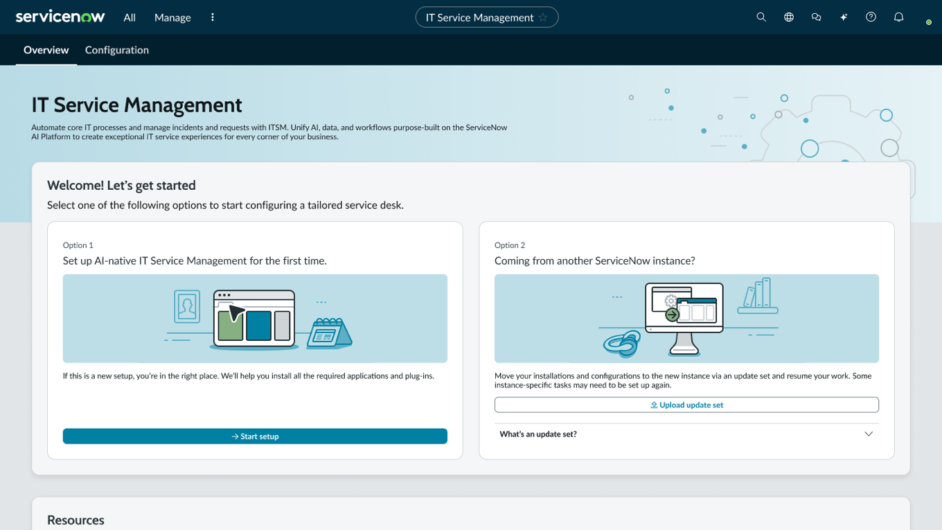 ITSM landing page reading 'Welcome! Let's get started', with a two-option fork: set up AI-native IT Service Management for the first time, or migrate from another ServiceNow instance