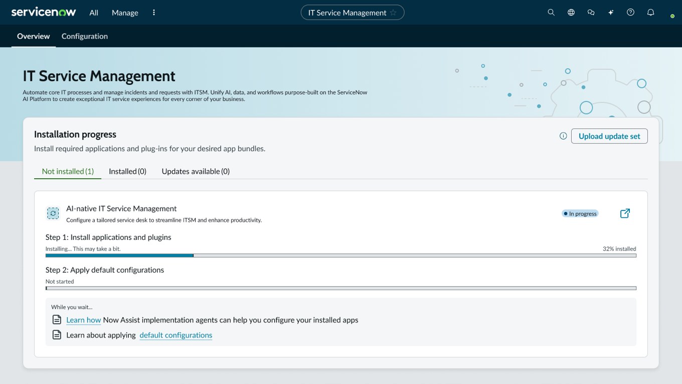 Installation progress screen: Step 1, install applications and plugins, at 32% with the status copy 'Installing... This may take a bit', and a 'While you wait' panel pointing to Now Assist implementation agents