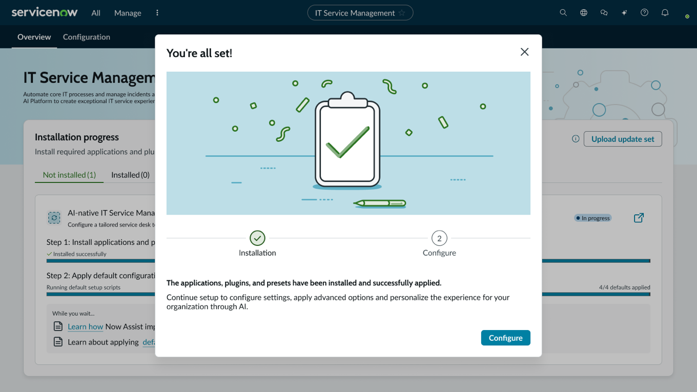 'You're all set!' completion modal confirming applications, plugins, and presets installed, with Installation checked off and Configure as the next step