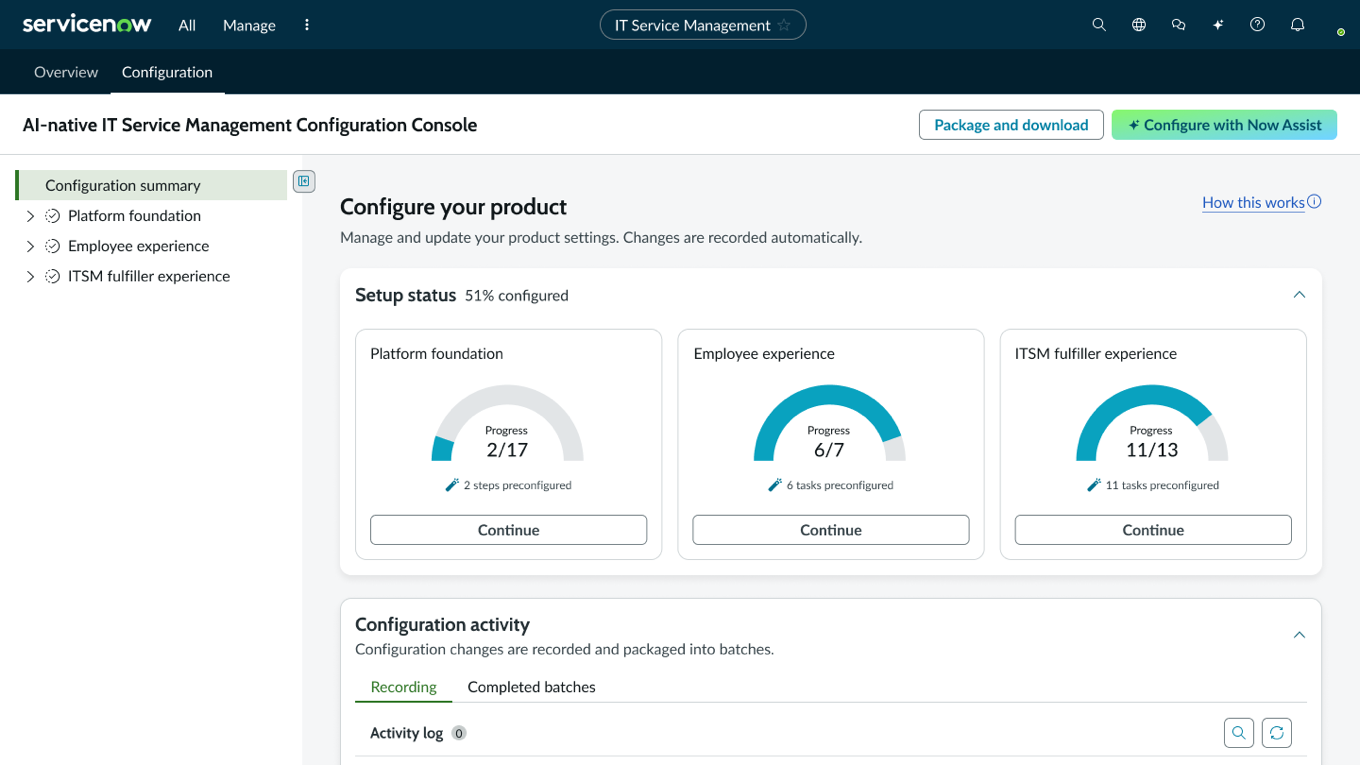 AI-native ITSM Configuration Console: Setup status with progress gauges for Platform foundation, Employee experience, and ITSM fulfiller experience, plus a Configure with Now Assist button