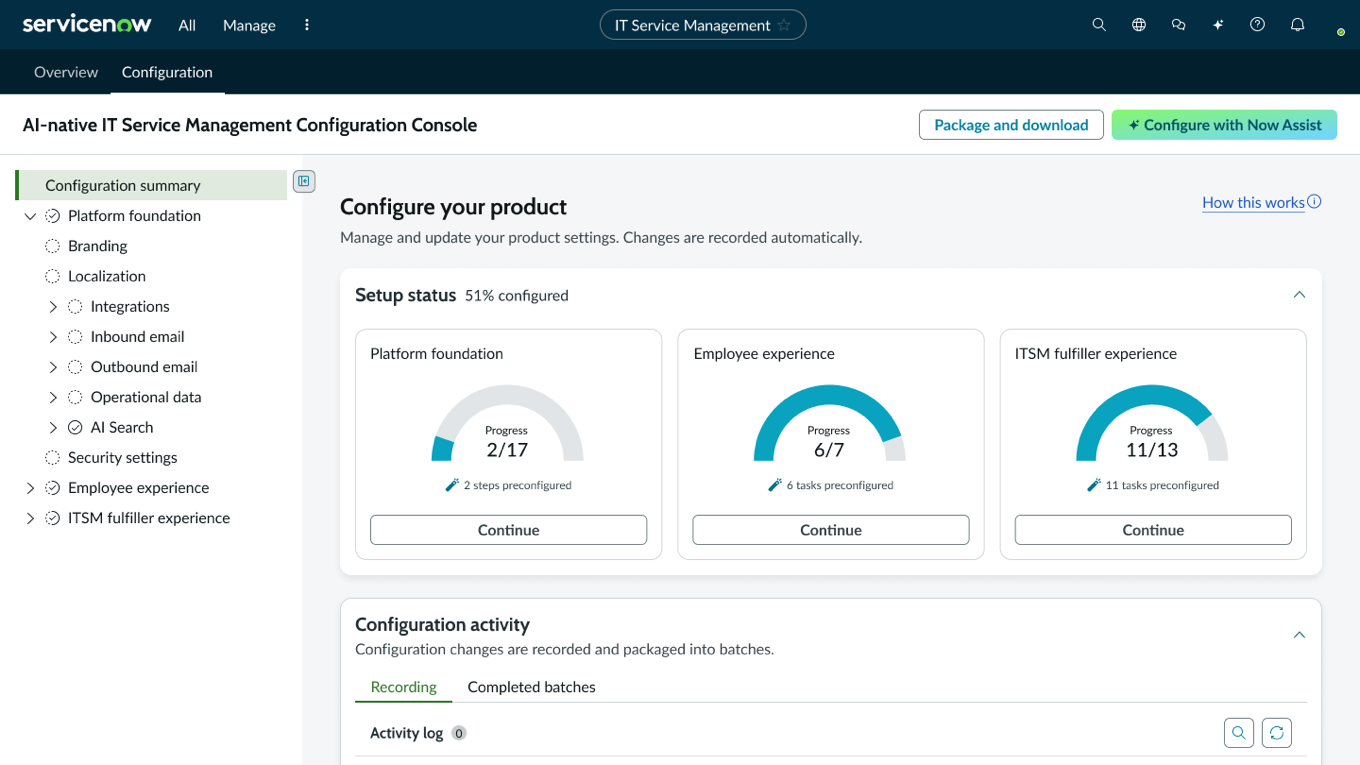 Configuration Console with the Platform foundation navigation tree expanded into logical segments: Branding, Localization, Integrations, Inbound email, Outbound email, Operational data, AI Search, and Security settings