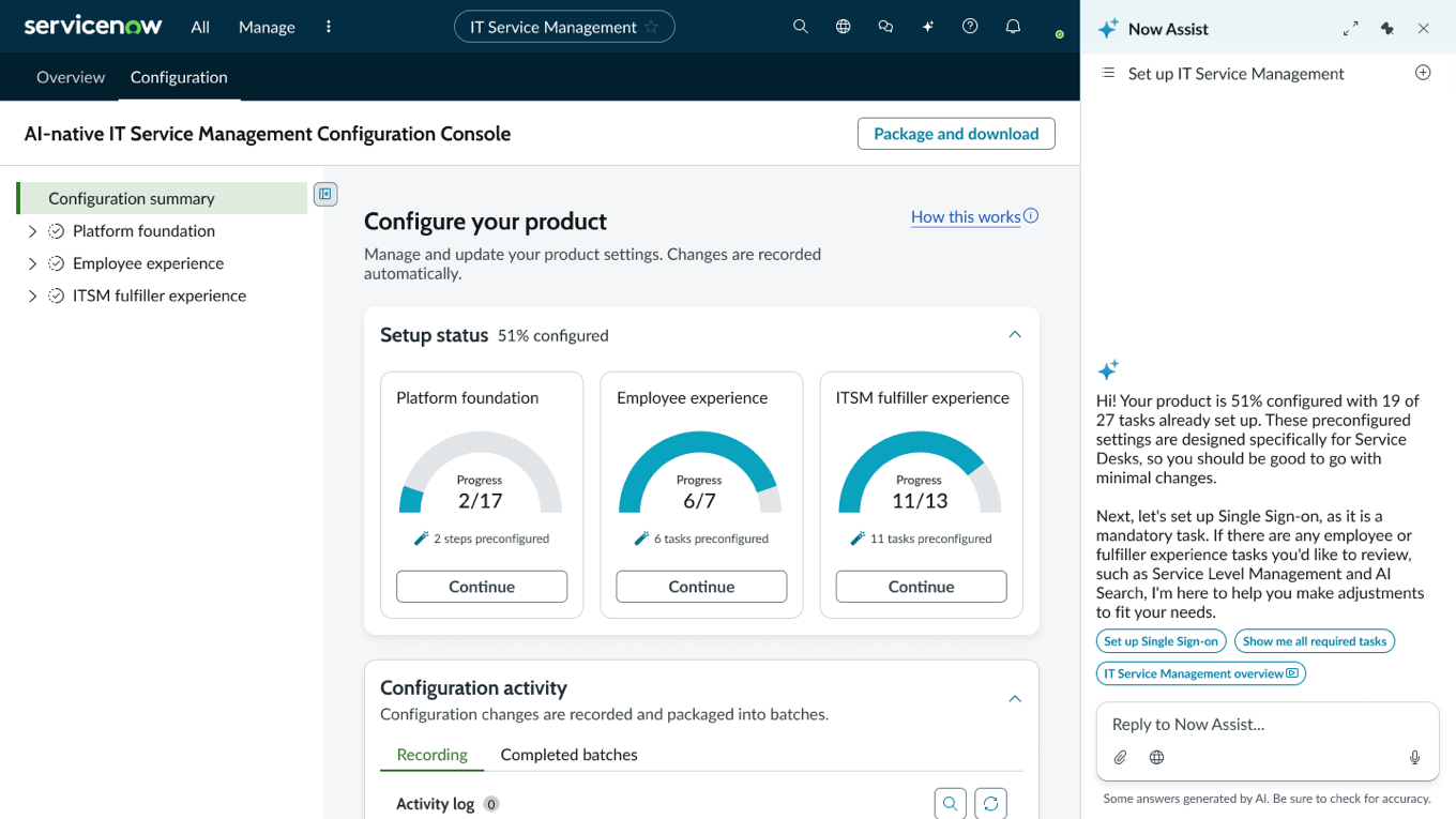 Configuration Console with the Now Assist panel open: state-aware guidance showing the current configuration progress, naming Single Sign-on as the next mandatory task with one-tap next steps