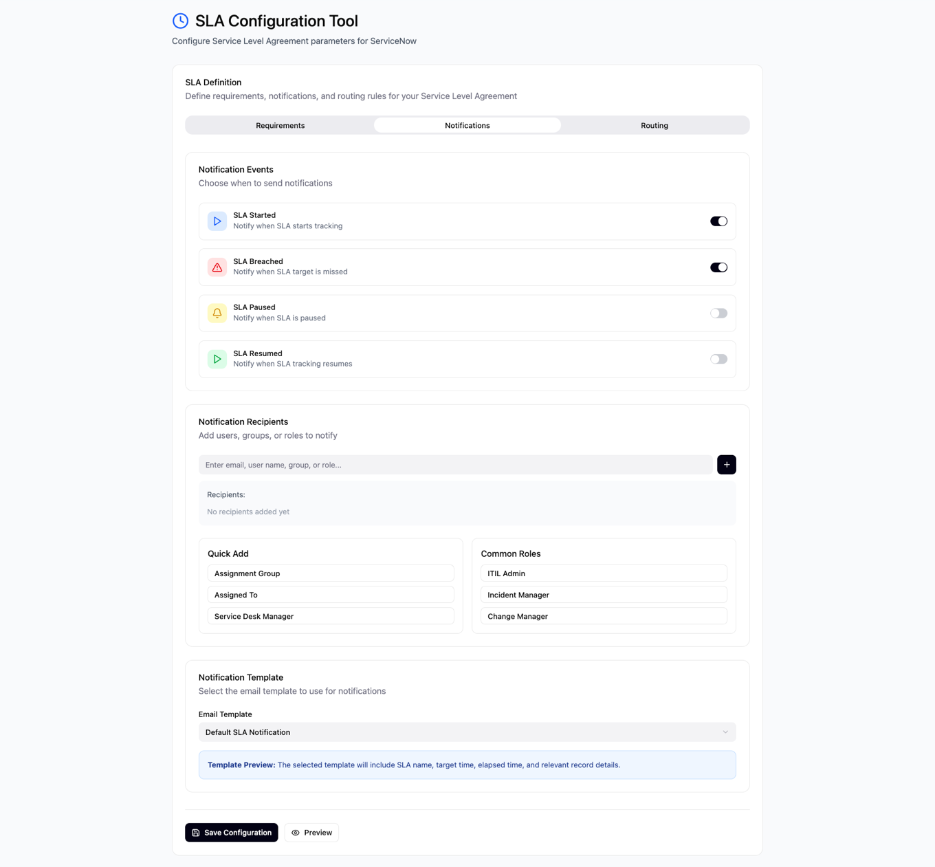 SLA Configuration Tool, Notifications tab: event toggles with SLA Started and SLA Breached enabled by default, a recipients field with Quick Add and Common Roles shortcuts, and a plain-language email template preview