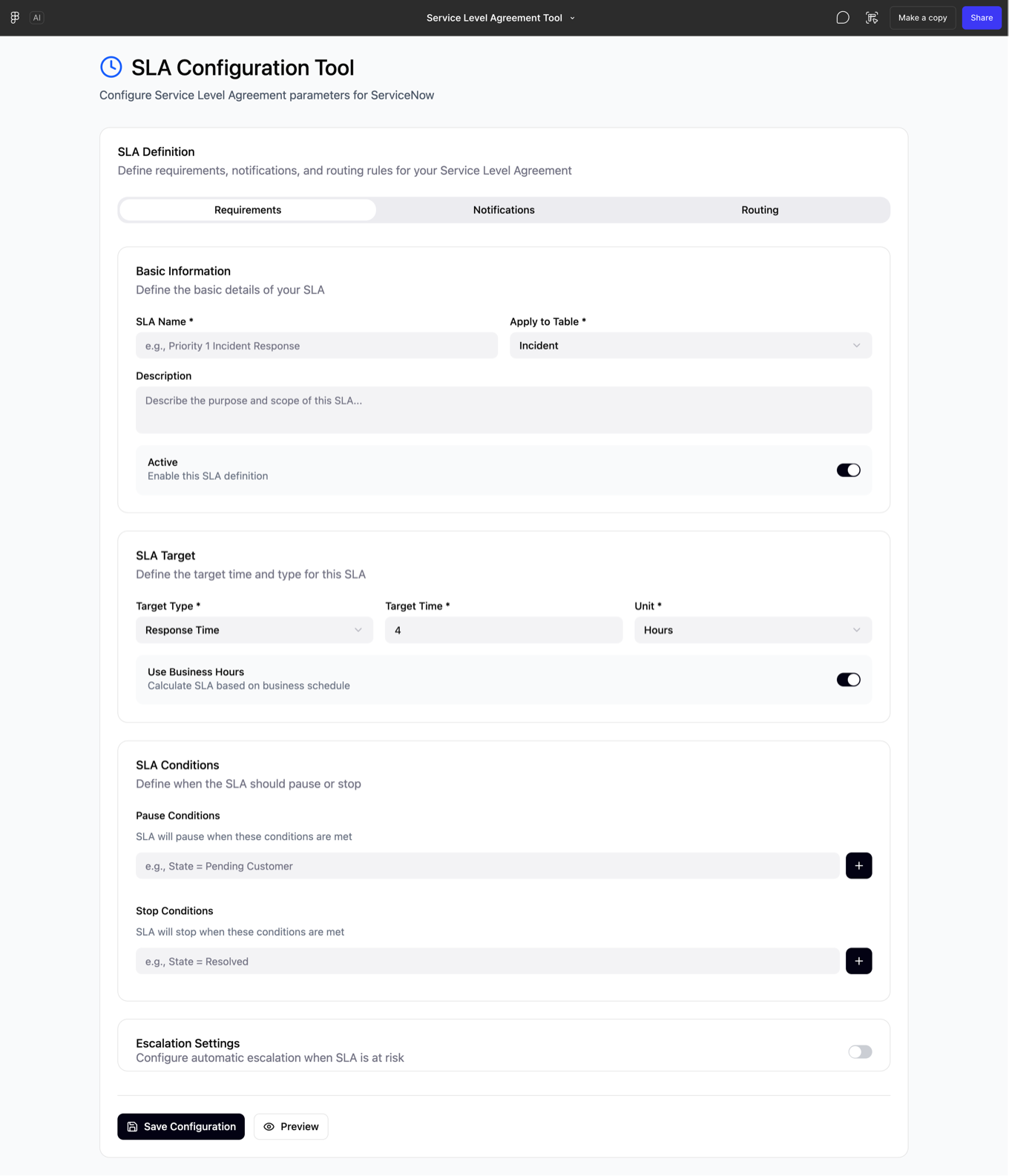 SLA Configuration Tool, Requirements tab: SLA Definition with Basic Information, SLA Target, SLA Conditions for pause and stop, and Escalation Settings, ending in Save Configuration and Preview