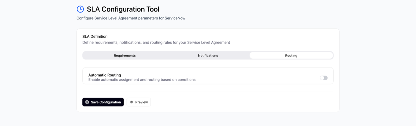 SLA Configuration Tool, Routing tab: a single Automatic Routing toggle labeled 'Enable automatic assignment and routing based on conditions'