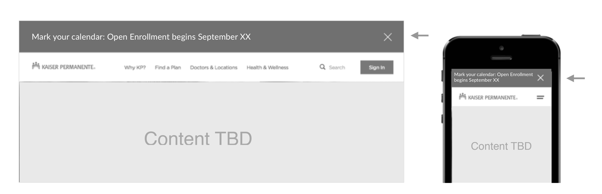 Wireframes of the dismissible alert banner on desktop and mobile, with placeholder copy