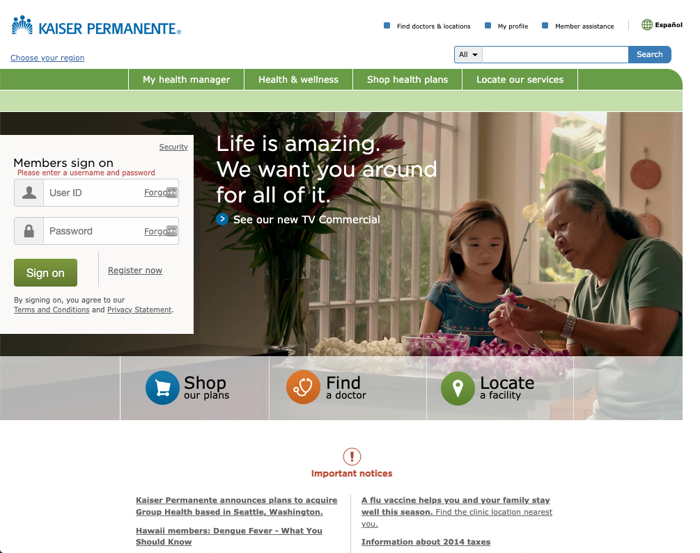 The kp.org homepage as it appeared in 2015, before the Adobe Experience Manager migration