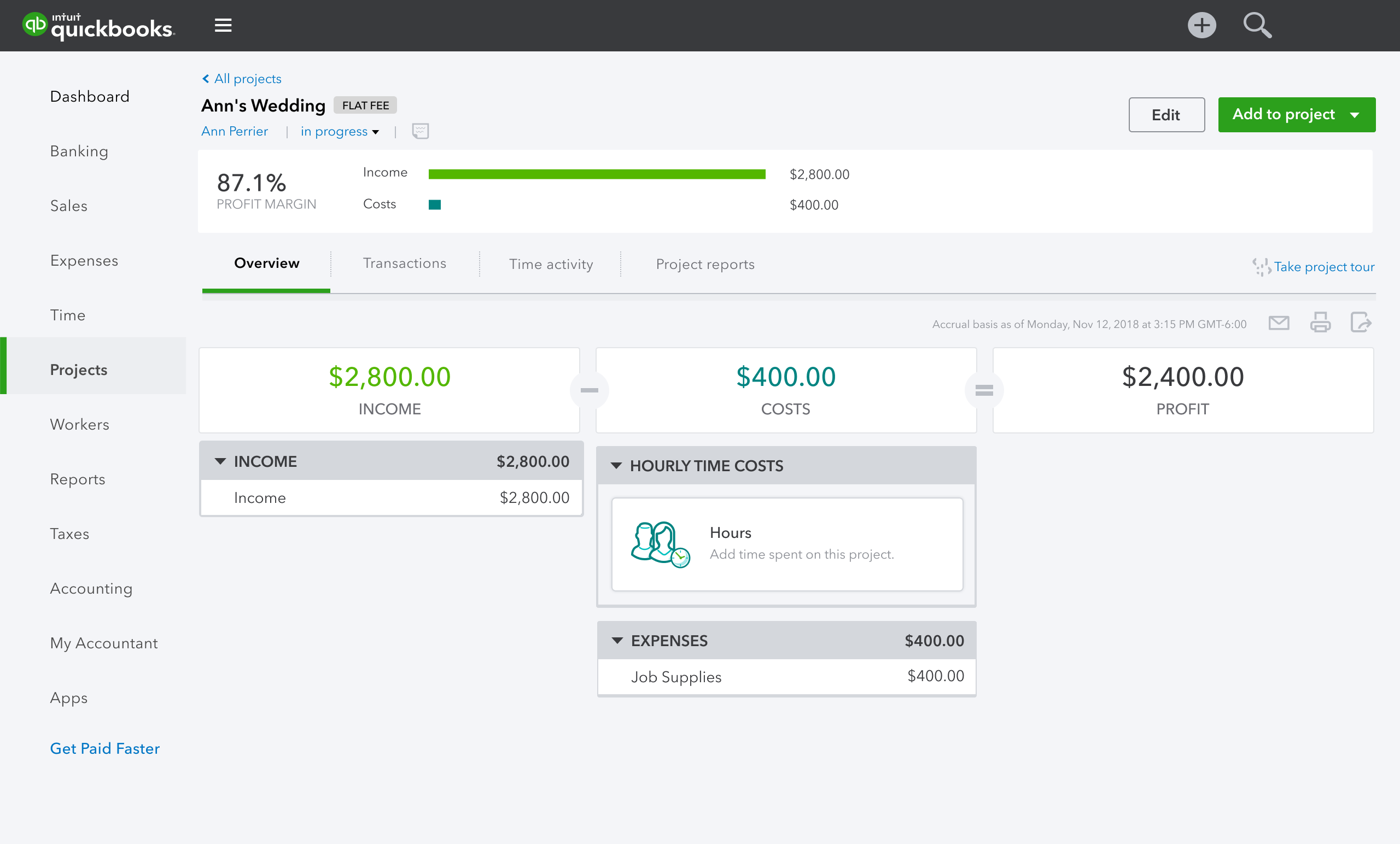 QuickBooks Online project overview for a sample project, showing income, costs, and profit margin broken out by category