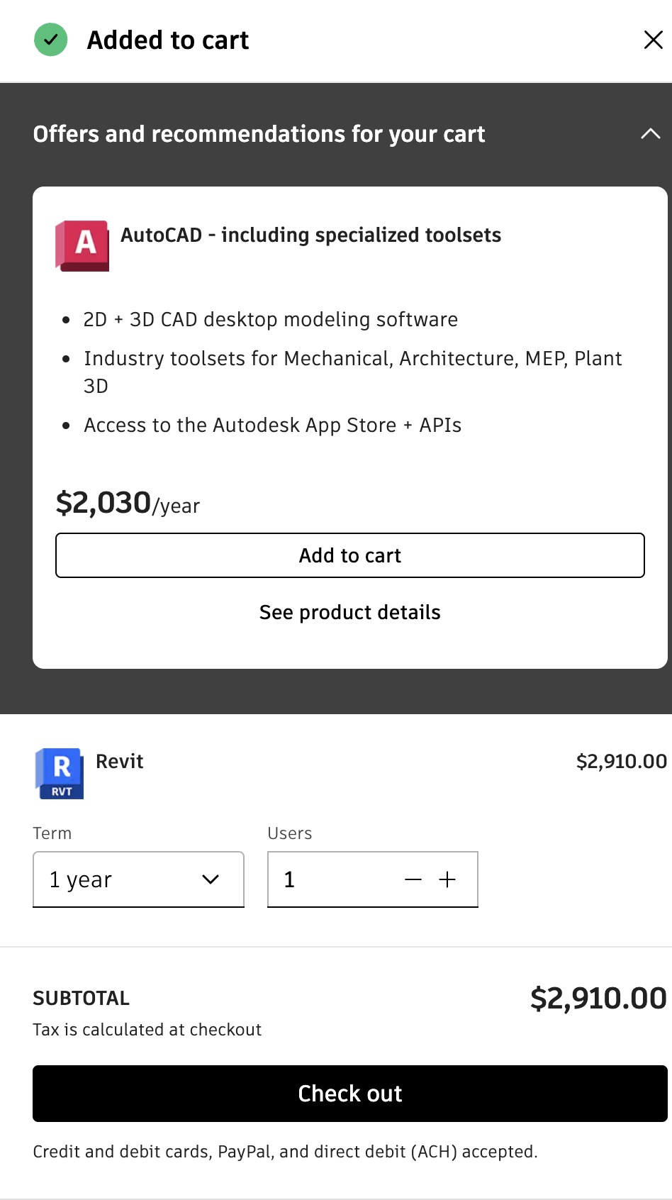 Autodesk mini cart panel with an added-to-cart confirmation, an offer, term and user selectors, subtotal, and Check out