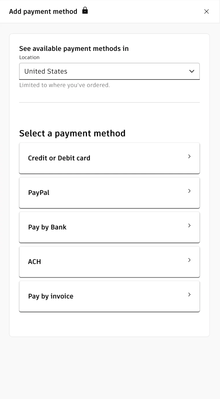Autodesk Add payment method panel with a location selector and five payment method options