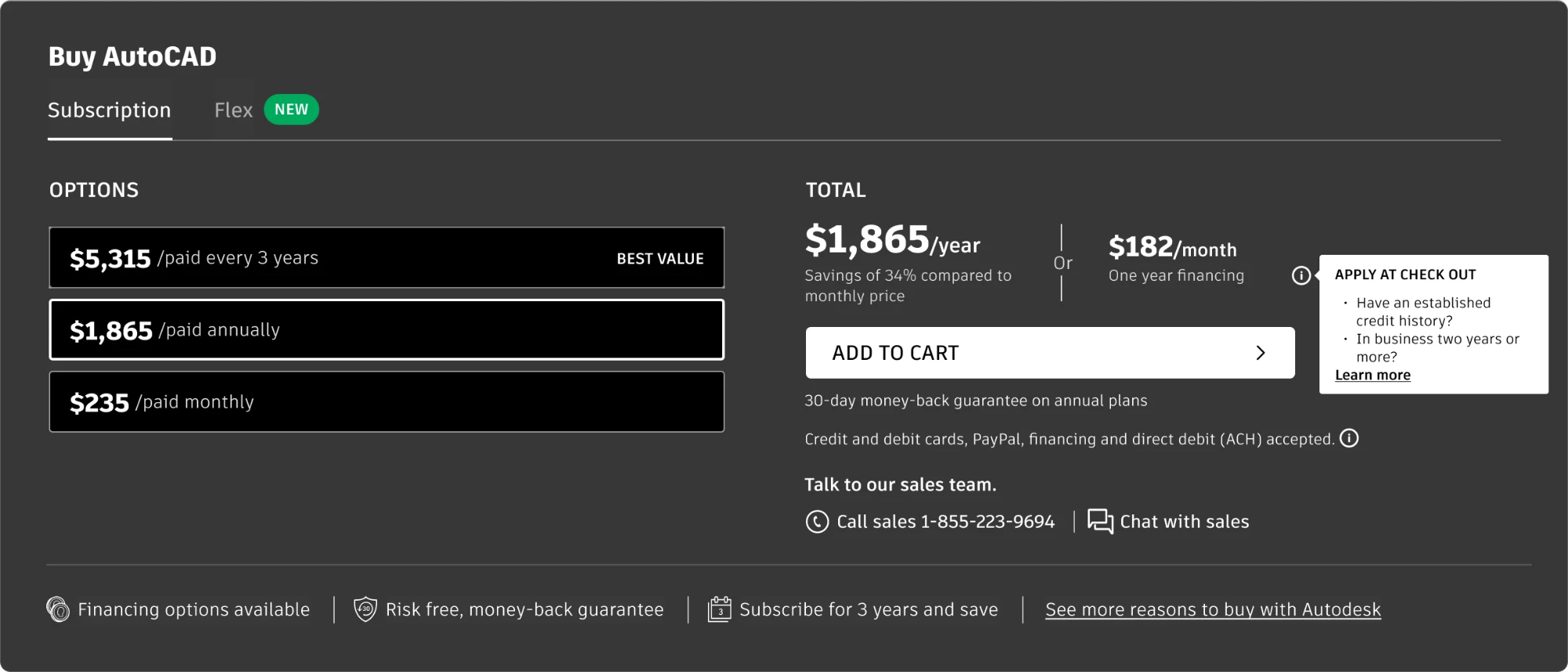 Buy AutoCAD container. Options for 3-year, annual, and monthly terms, a total of 1,865 dollars a year or 182 dollars a month with one year financing, an info tooltip about applying at checkout, an Add to cart button, payment methods, and sales contact options.