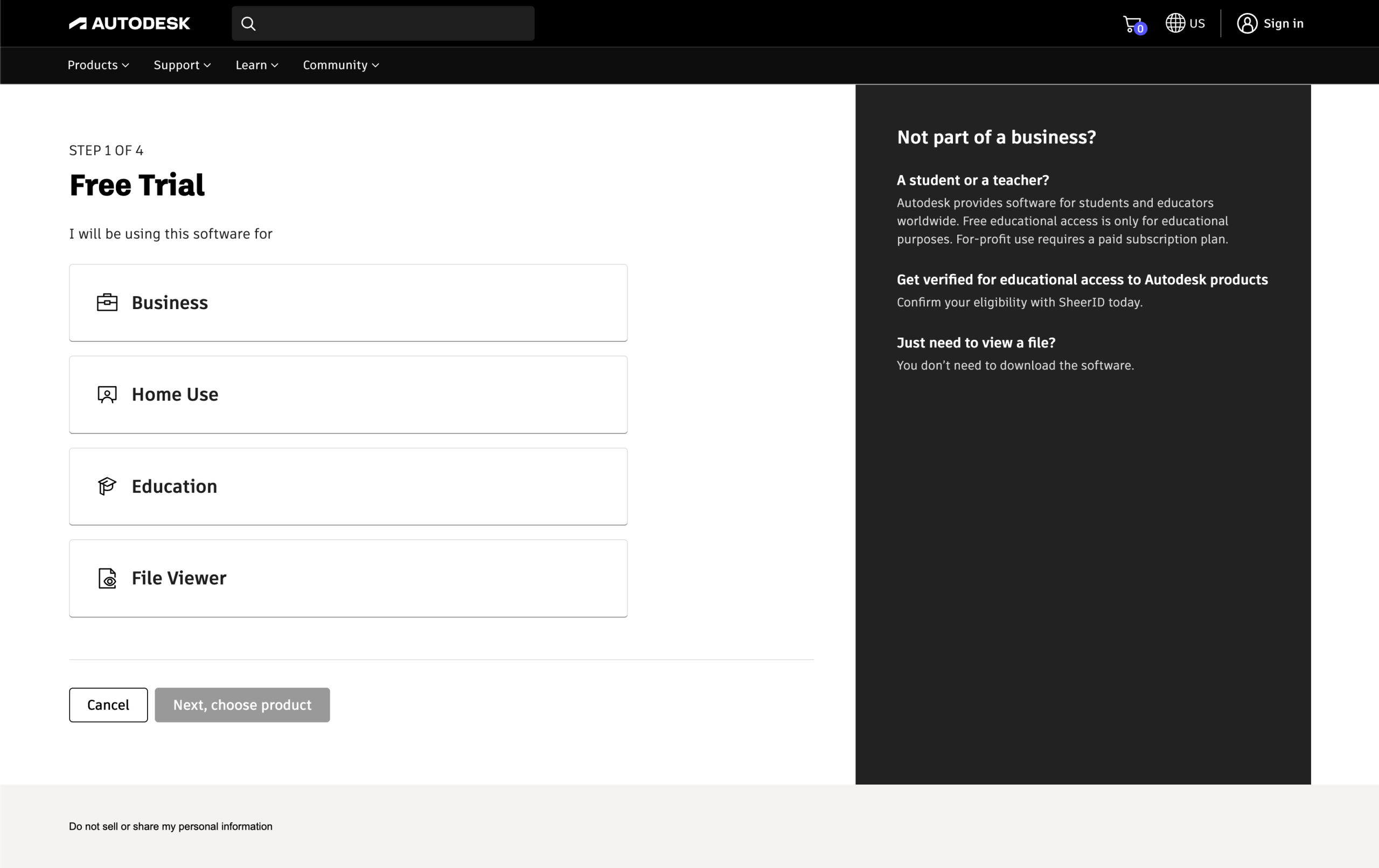 Free Trial, step 1 of 4. I will be using this software for Business, Home Use, Education, or File Viewer. A side panel, Not part of a business, points students and teachers to verified educational access and tells people who only need to view a file that they don&rsquo;t need to download the software.