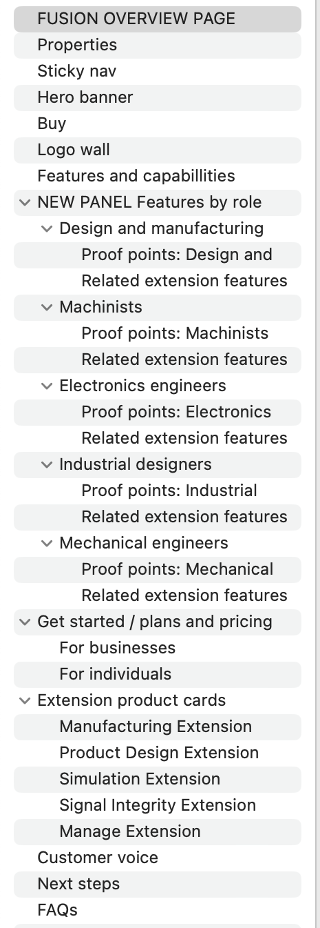 Outline of the Fusion overview page template, from properties, sticky nav, hero banner, and buy panel through a new features by role panel for design and manufacturing, machinists, electronics engineers, industrial designers, and mechanical engineers, then plans and pricing, extension product cards, customer voice, next steps, and FAQs.