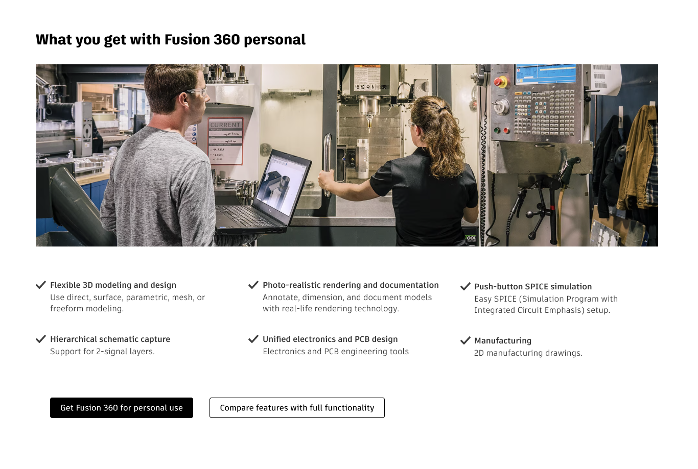What you get with Fusion 360 personal, with six included features, a Get Fusion 360 for personal use button, and a Compare features with full functionality button.