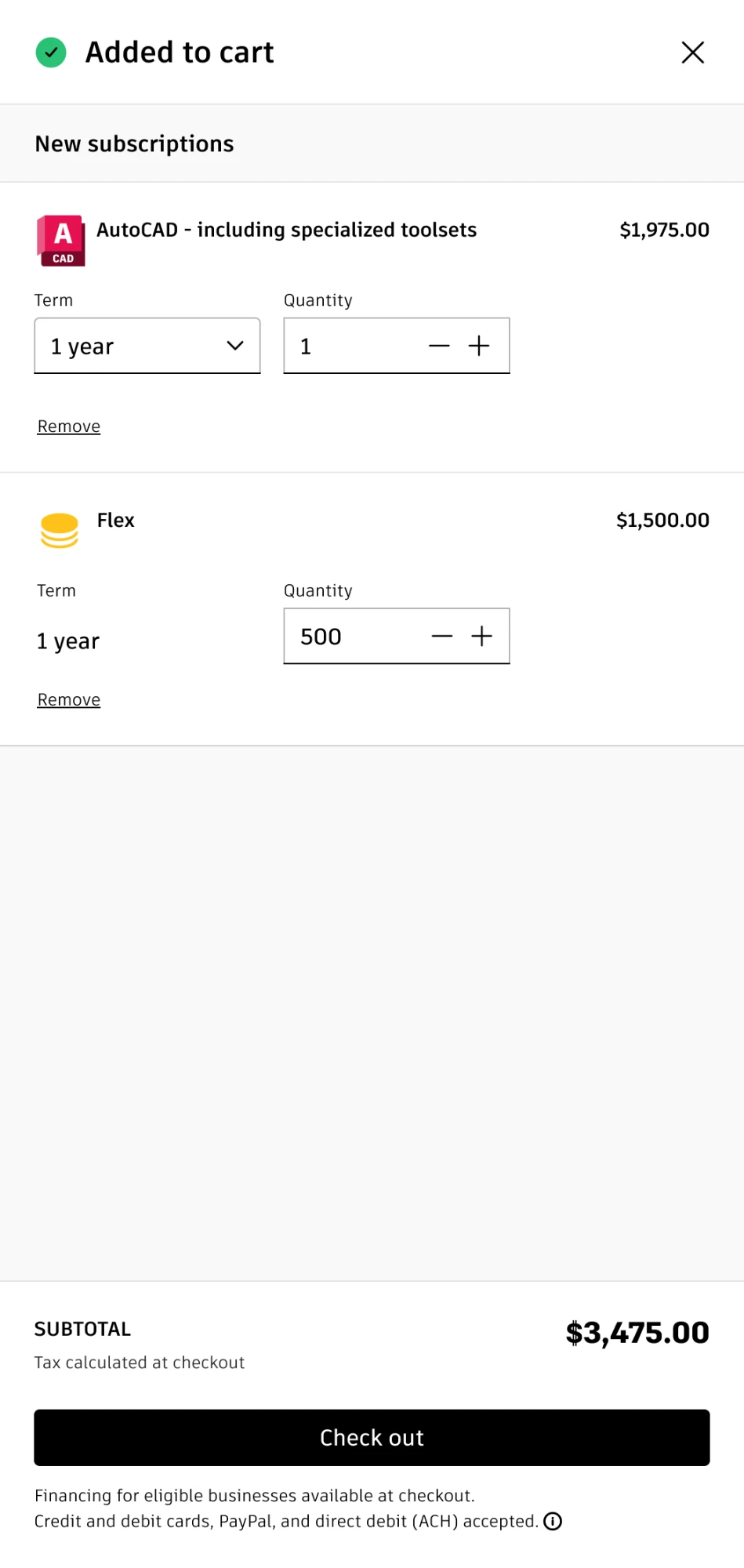 Added to cart panel with AutoCAD for 1 year at 1,975 dollars and 500 Flex tokens for 1 year at 1,500 dollars, each with term and quantity controls and a Remove link. Subtotal 3,475 dollars, a Check out button, and a note on financing and accepted payment methods.