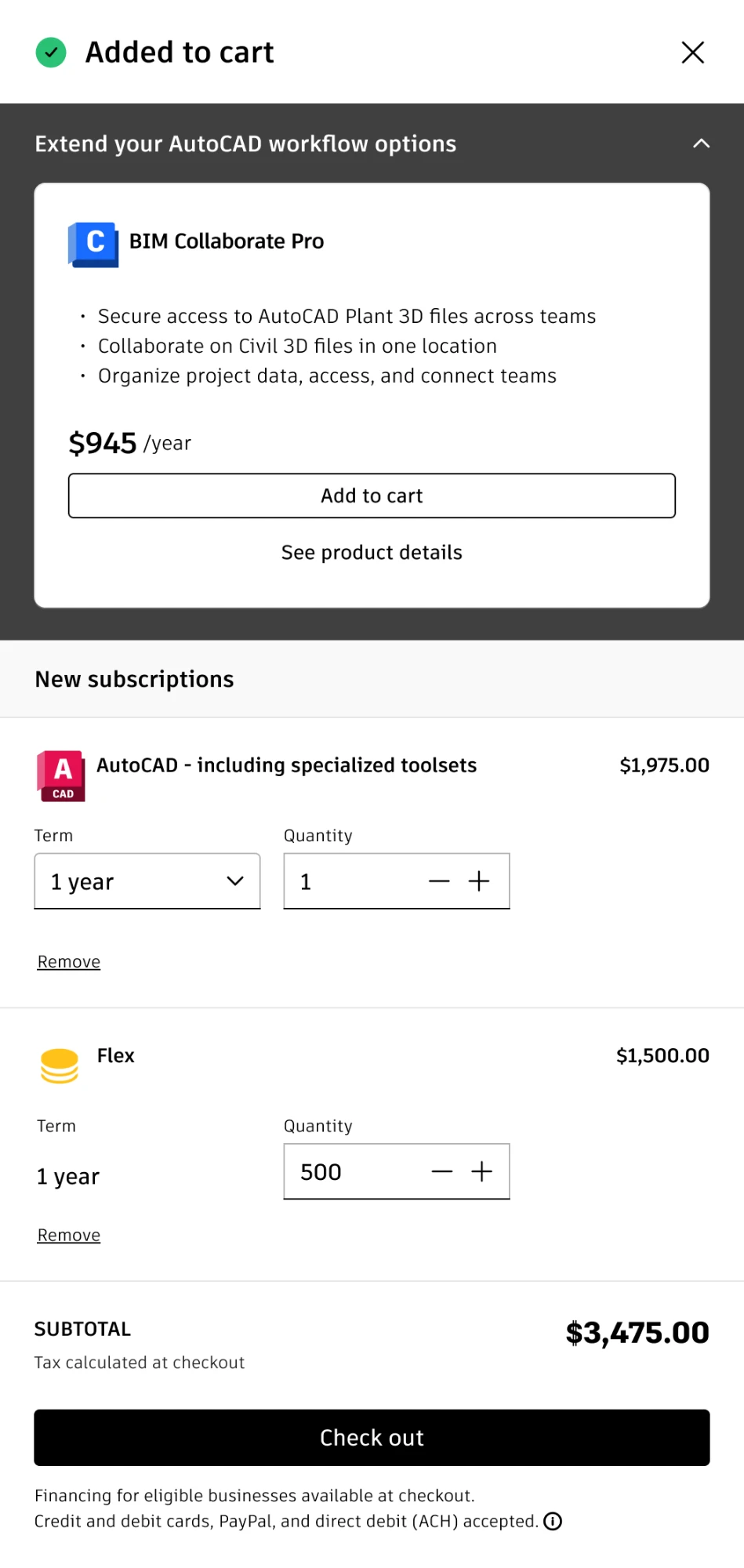 Added to cart panel. An open section, Extend your AutoCAD workflow options, recommends BIM Collaborate Pro with three reasons and a price. Below, AutoCAD and Flex in the cart with term and quantity controls, a subtotal, and a Check out button.