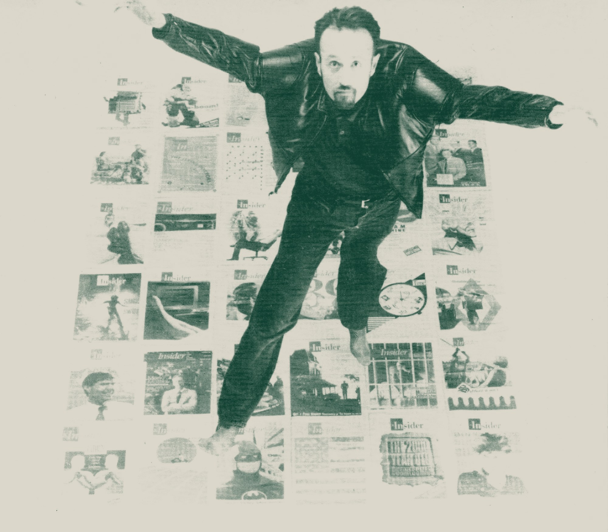 David, arms out in a leather jacket, leaping over a floor spread of Insider magazine covers. A one-color halftone print, around 1990.