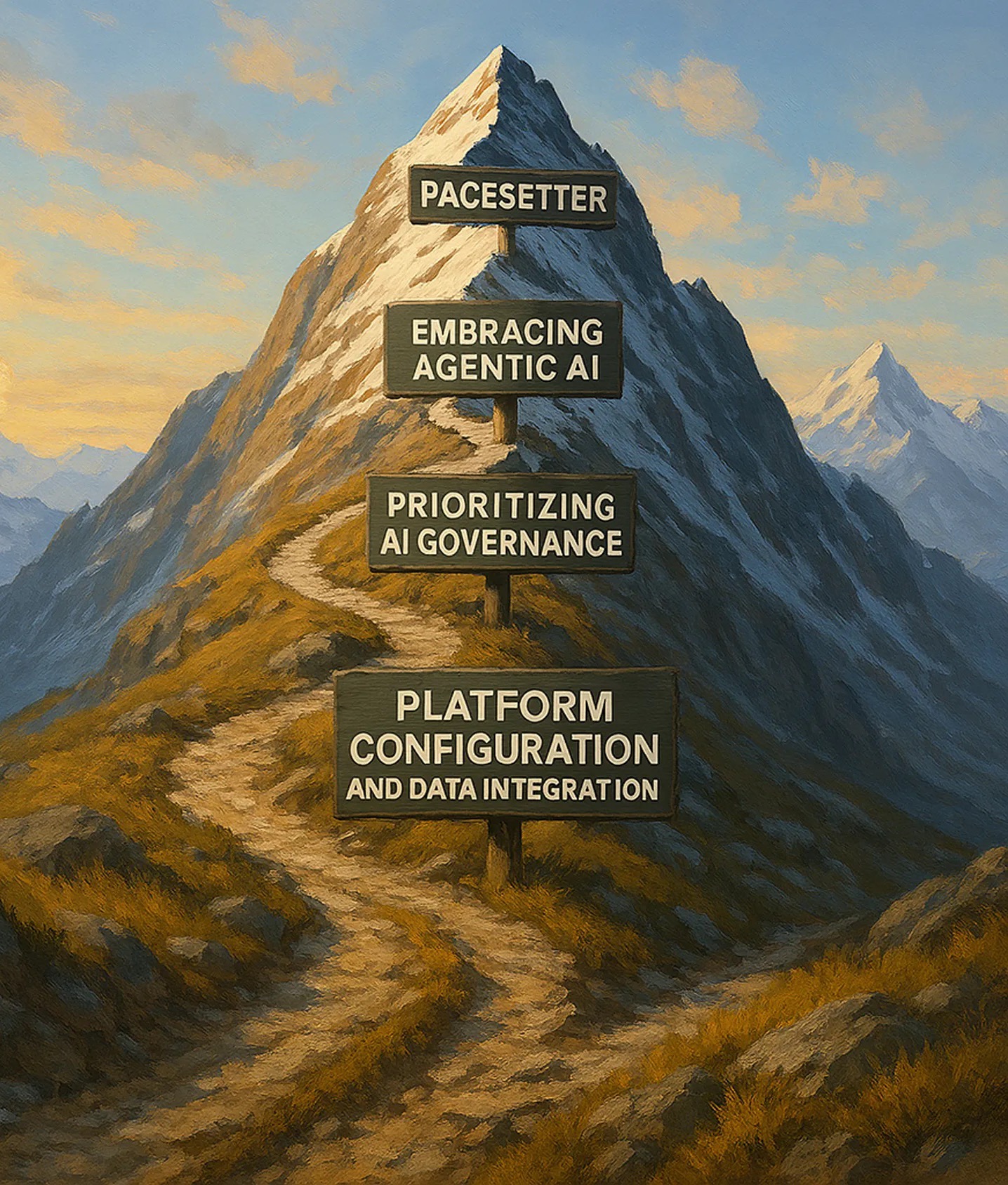 Painting of a mountain trail with four signposts climbing toward the summit: Platform configuration and data integration, Prioritizing AI governance, Embracing agentic AI, and Pacesetter at the peak.