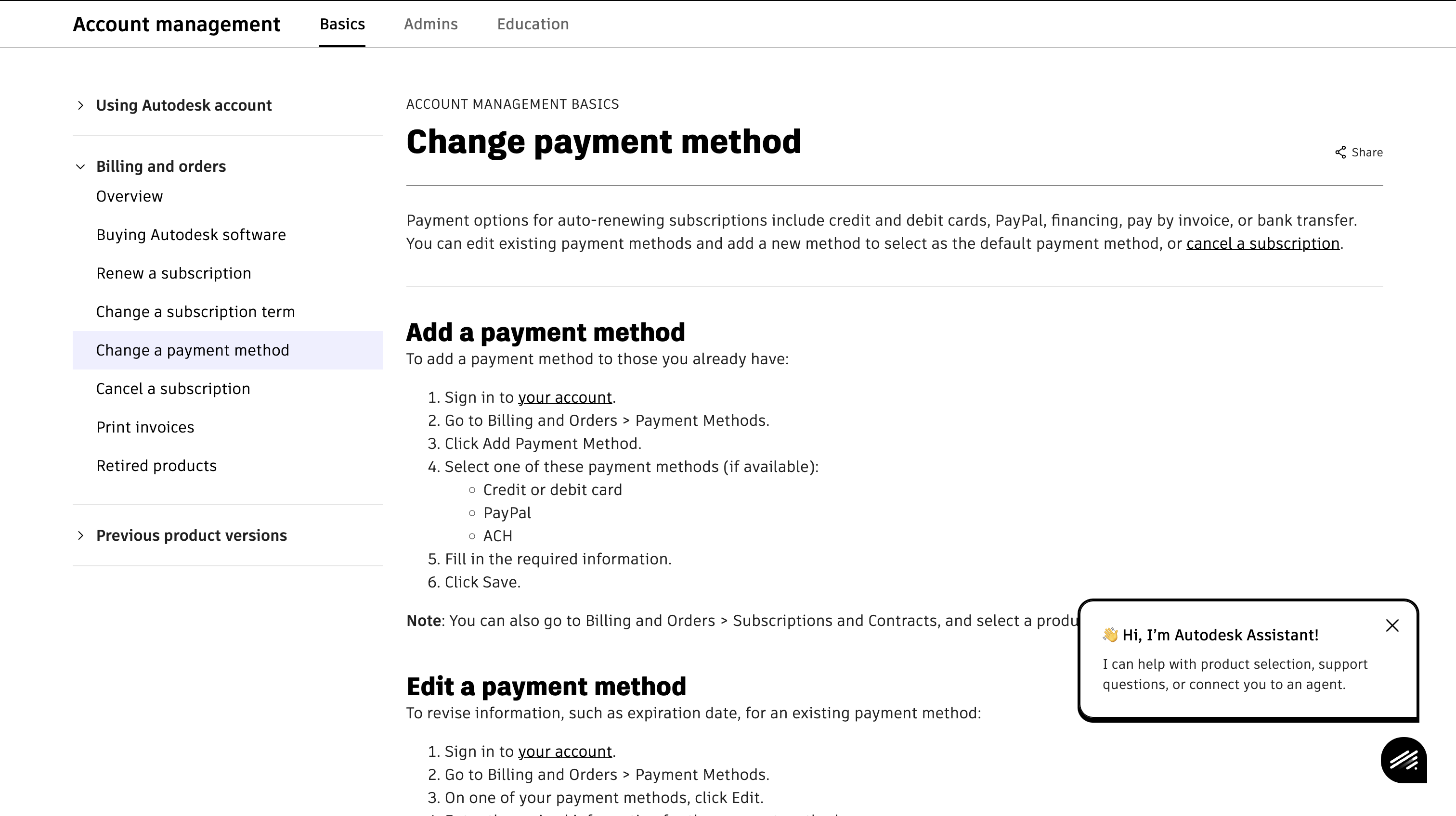 Account management support page with instructions for changing, adding, and editing payment methods.