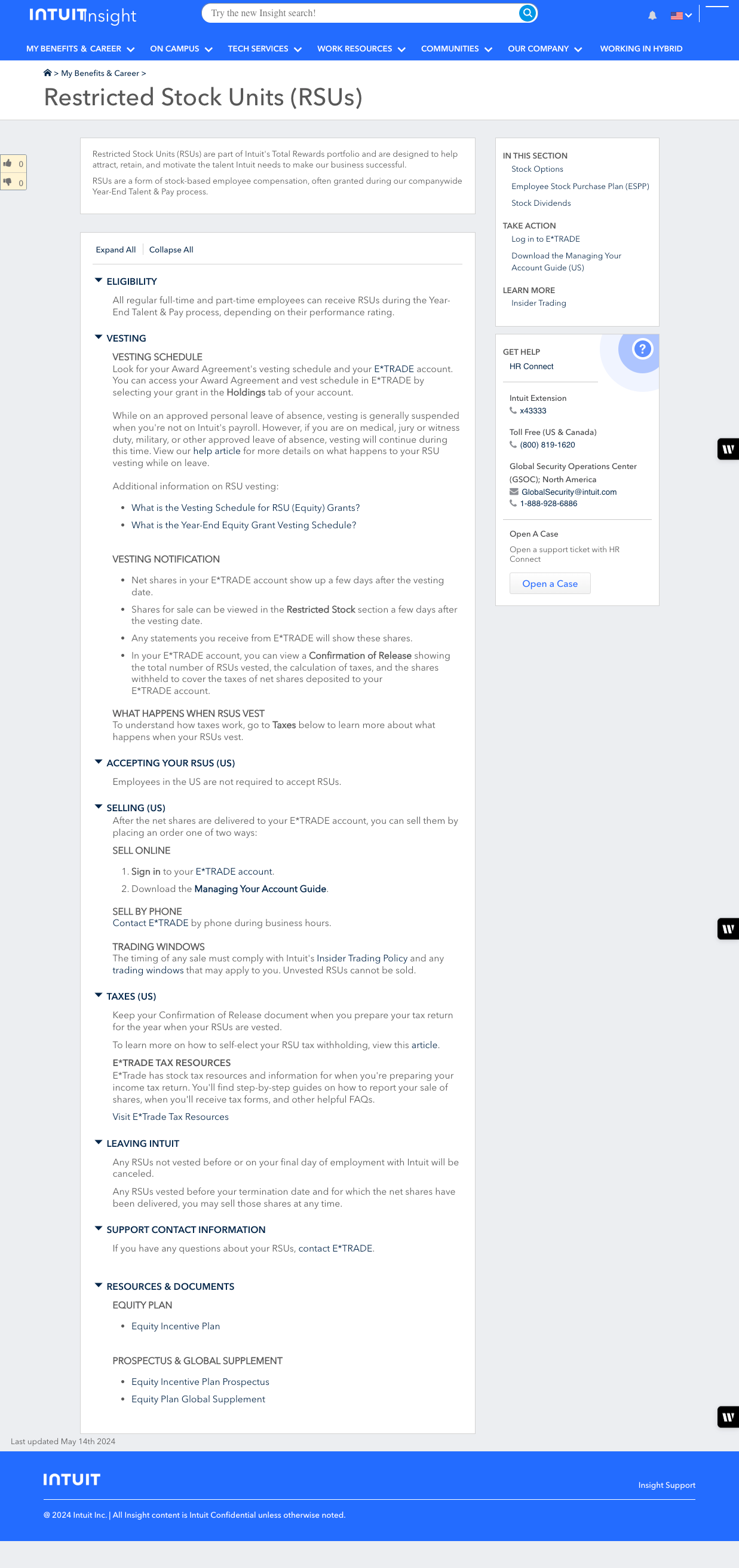 The legacy Restricted Stock Units page, a single long page of deeply nested expand and collapse sections covering eligibility, vesting, selling, taxes and support