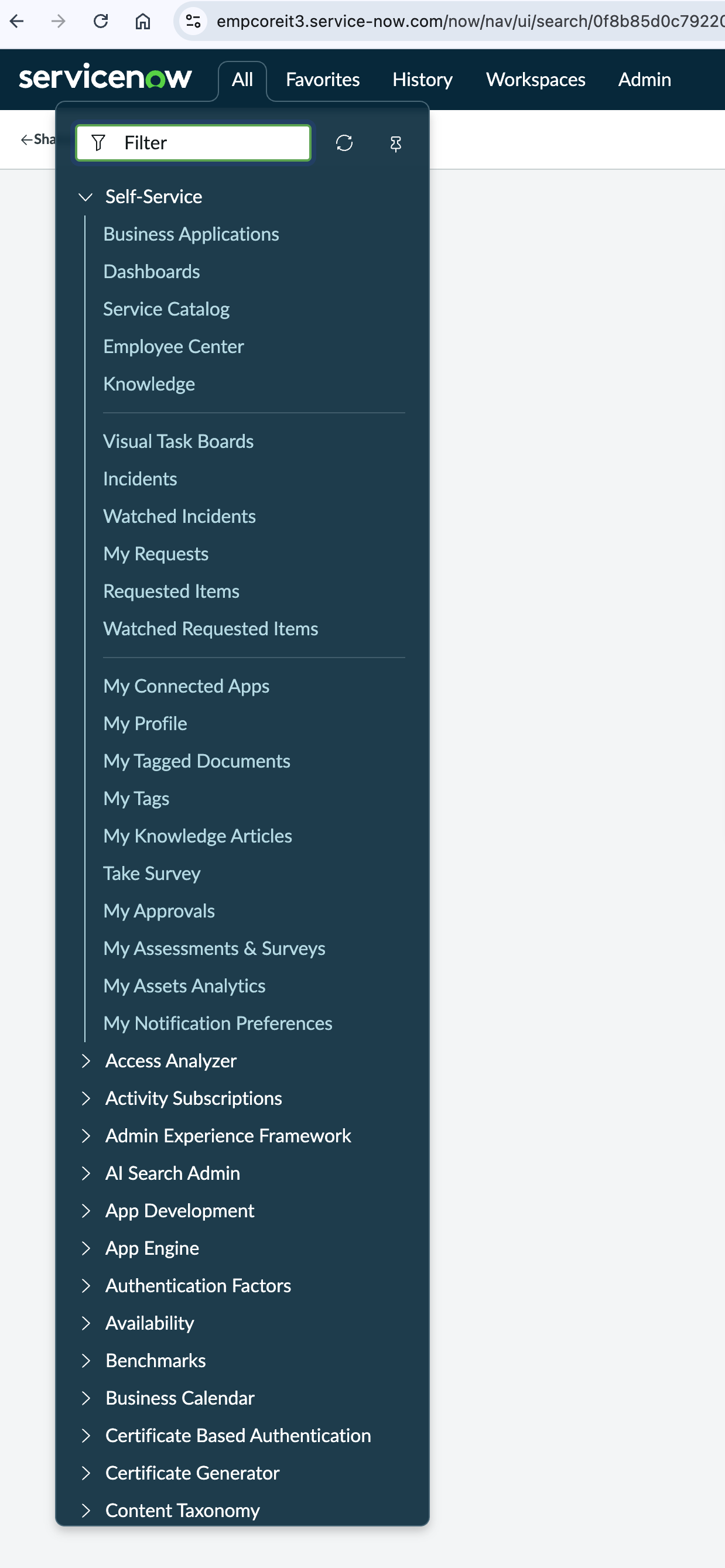 ServiceNow admin navigation menu showing dozens of items