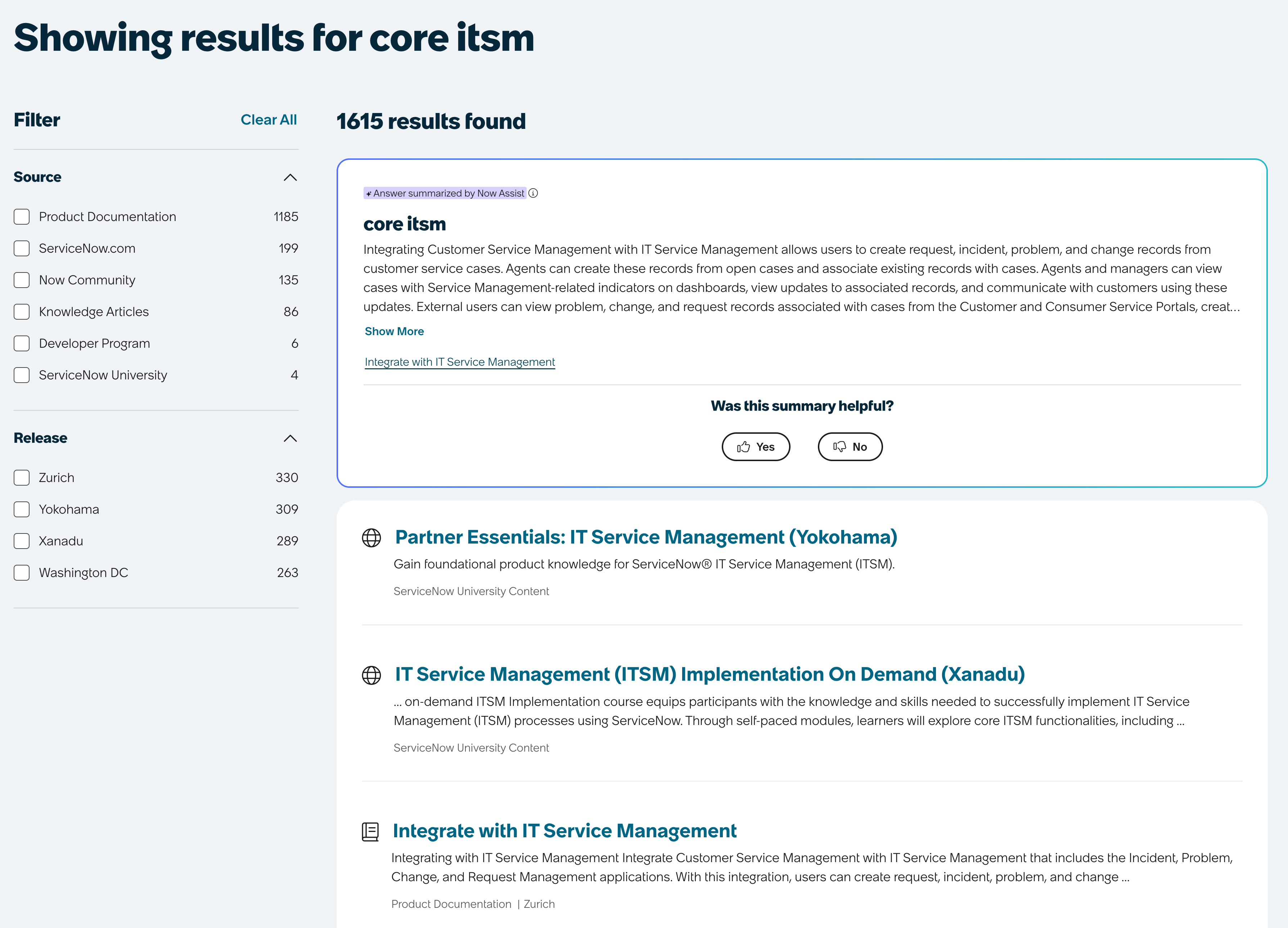 ServiceNow documentation search showing 1,615 results for a single query